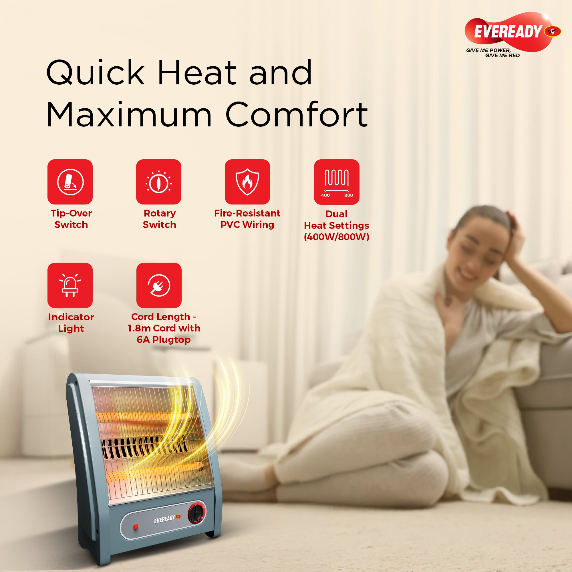 Eveready Pyrowarm 800W Quartz Room Heater with Dual Heating Elements & Tip-Over Protection