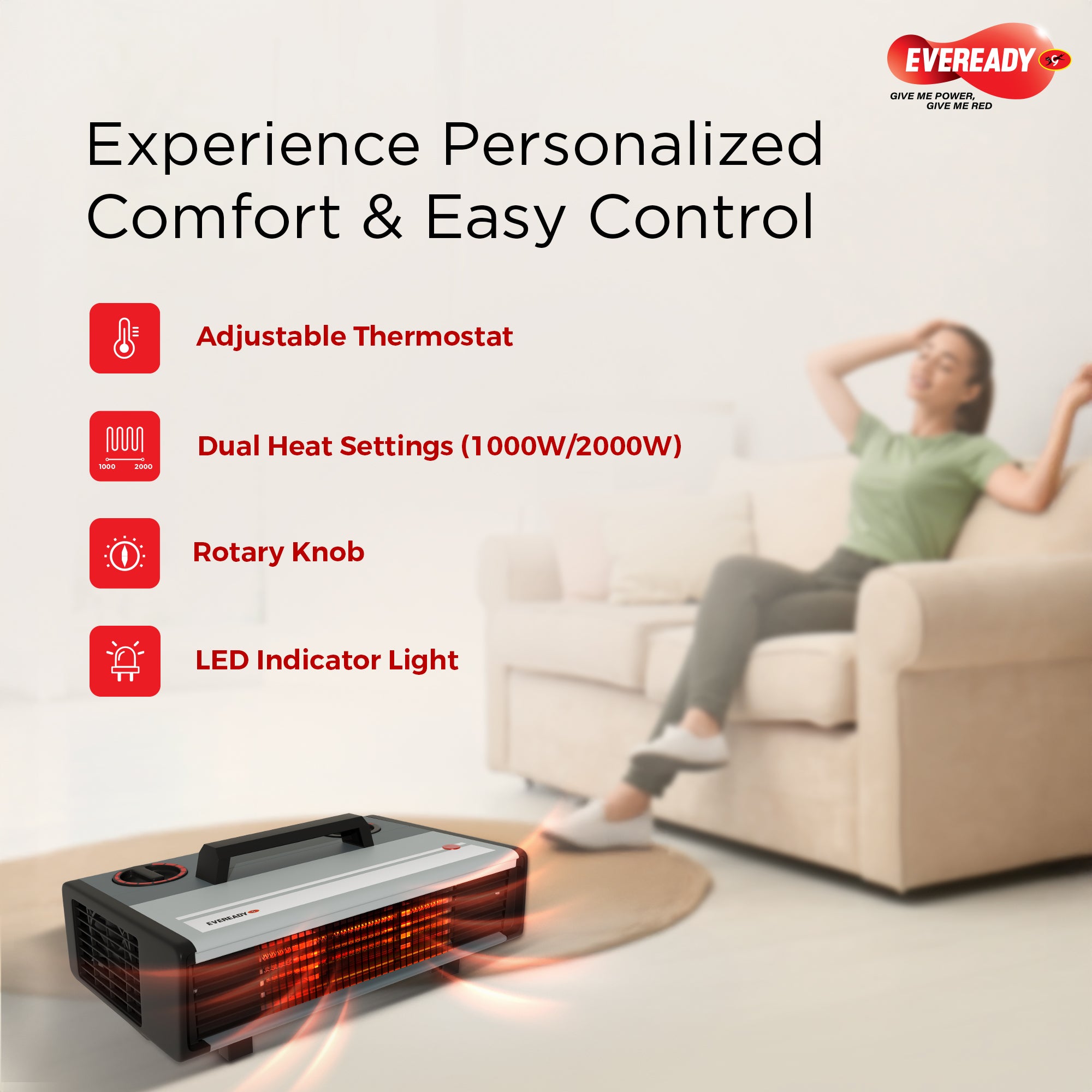 Eveready Thermaflo Convector 2000W Room Heater with Adjustable Thermostat & Dual Heat Settings