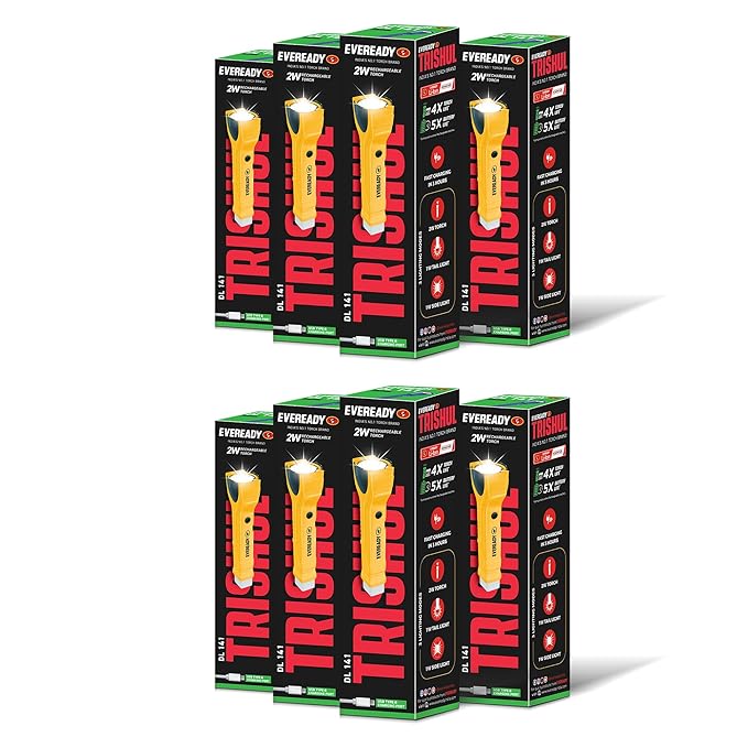 Eight boxes of Eveready Trishul flashlights on a white background