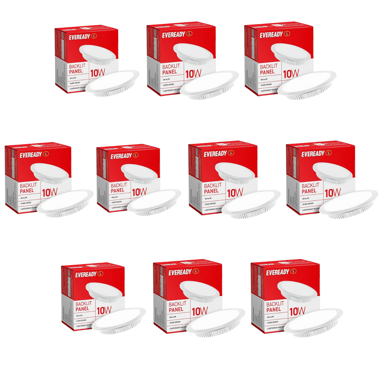 10 boxes of Eveready 10W backup panels on a white background