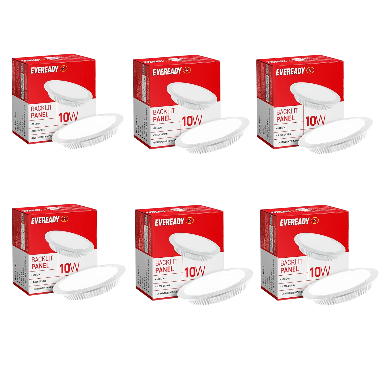 Six boxes of Eveready 10W backlit panels on a white background