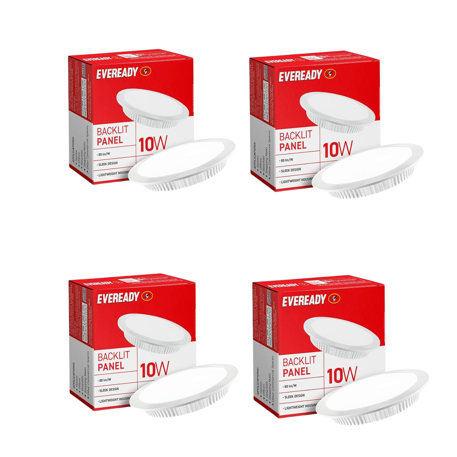 Four boxes of Eveready 10W backlit panels on a white background