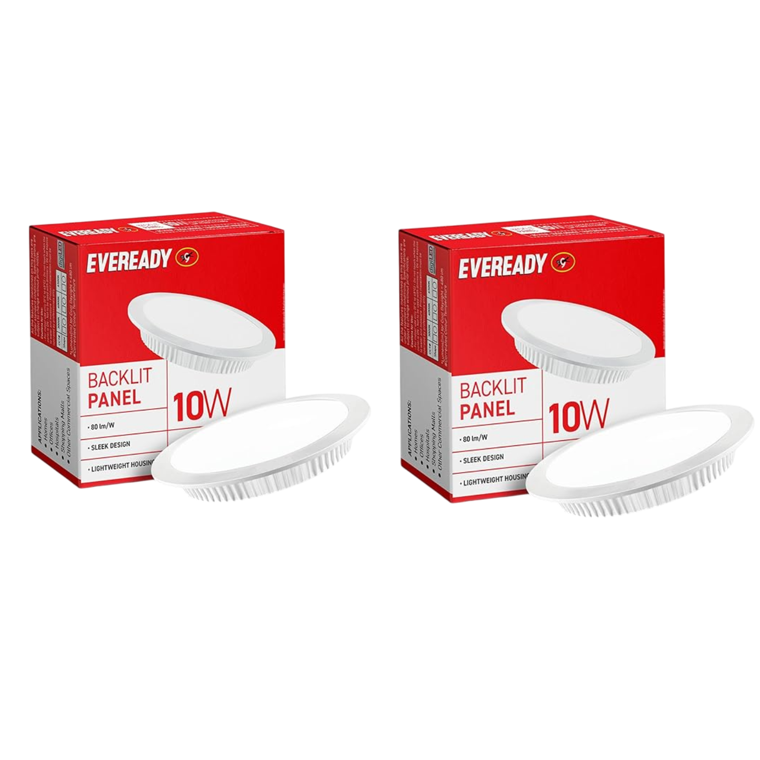Two boxes of Eveready 10W backlit panels on a white background