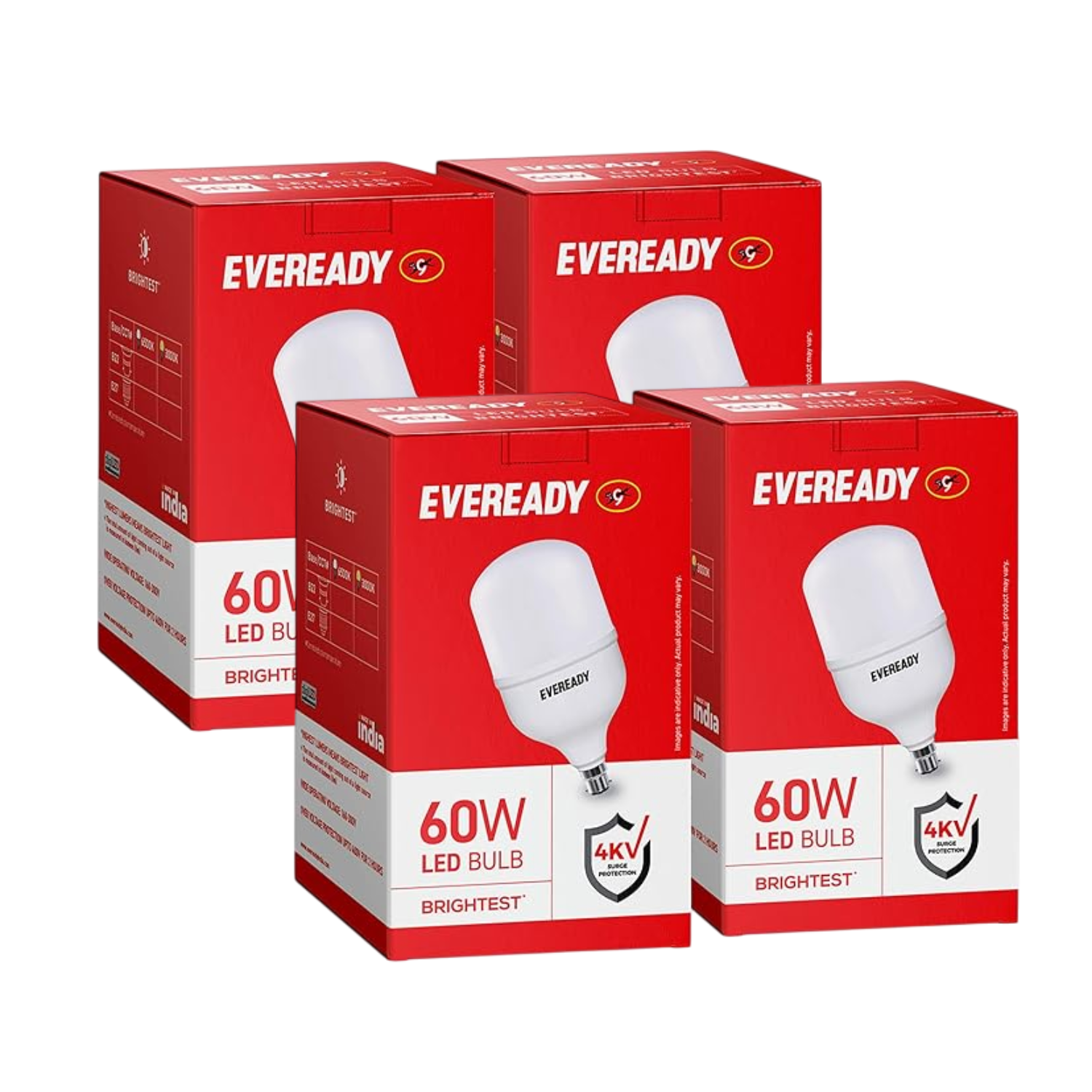 Four red boxes of Eveready 60W LED bulbs on a white background