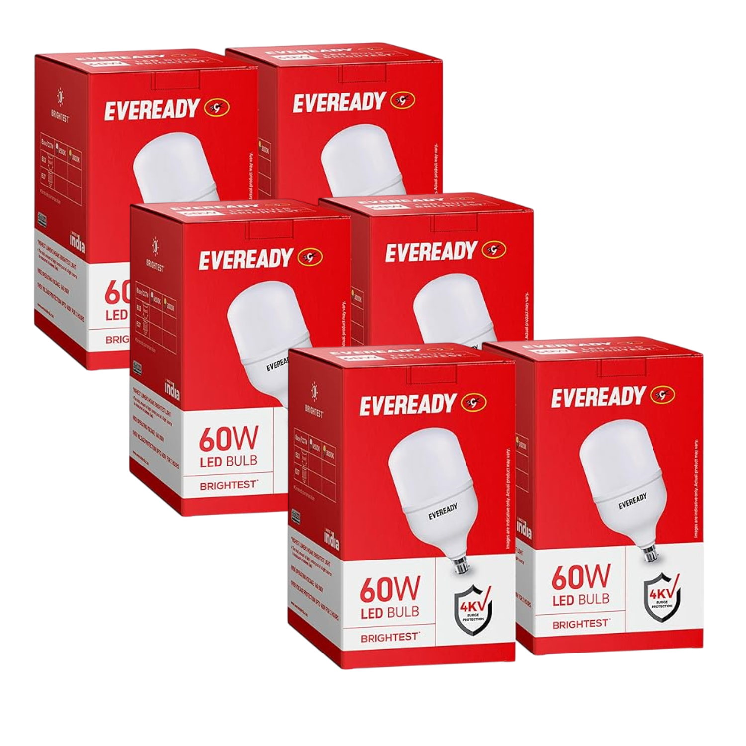 Six boxes of Eveready 60W LED bulbs on a white background