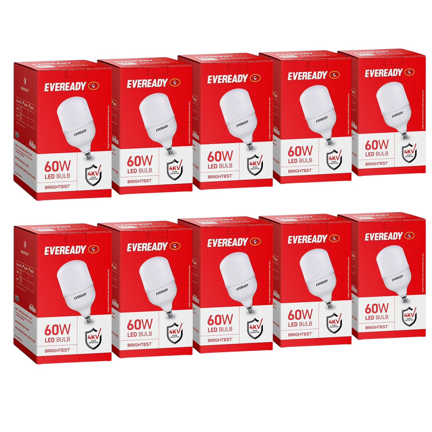 ten boxes of Eveready 60W LED bulbs on a white background
