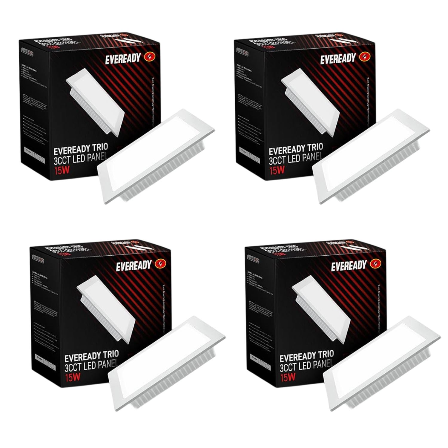 Four boxes of Eveready Trio LED panels on a white background