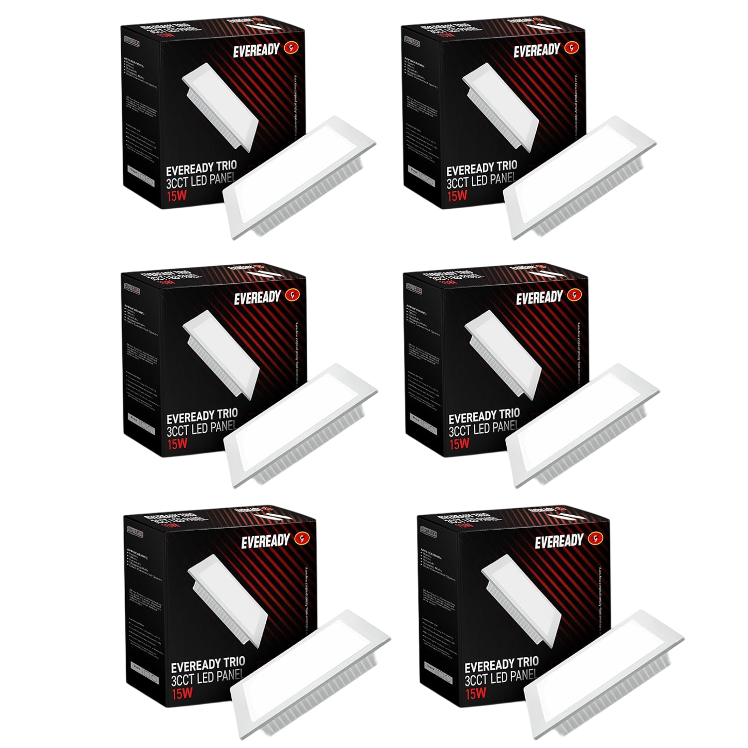 6 boxes of Eveready Trio LED panel lights on a white background