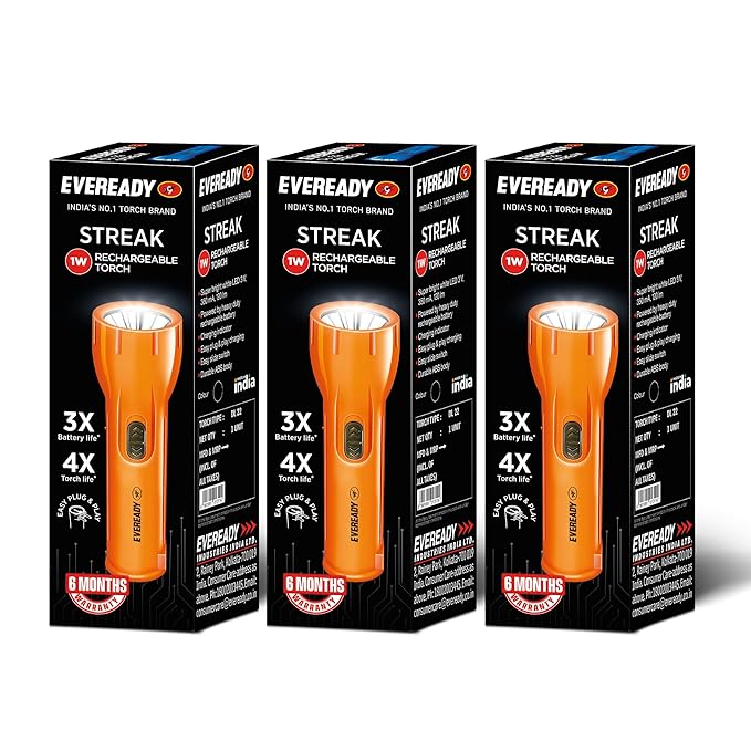 Three boxes of Eveready Streak rechargeable torches on a white background