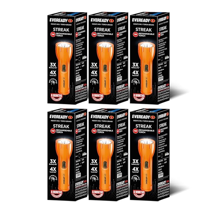 Six boxes of Eveready Streak flashlights on a white background