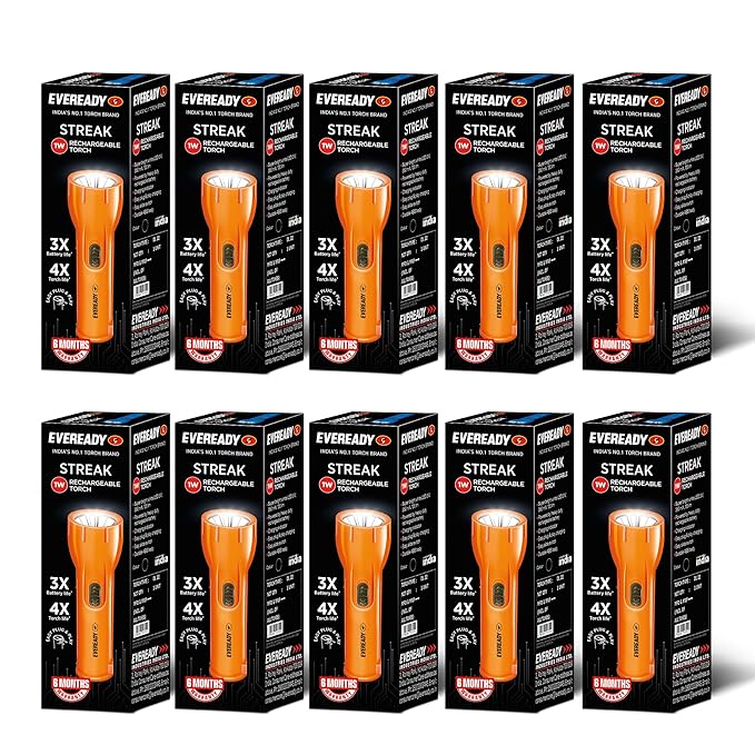 Ten boxes of Eveready Streak flashlights on a white background