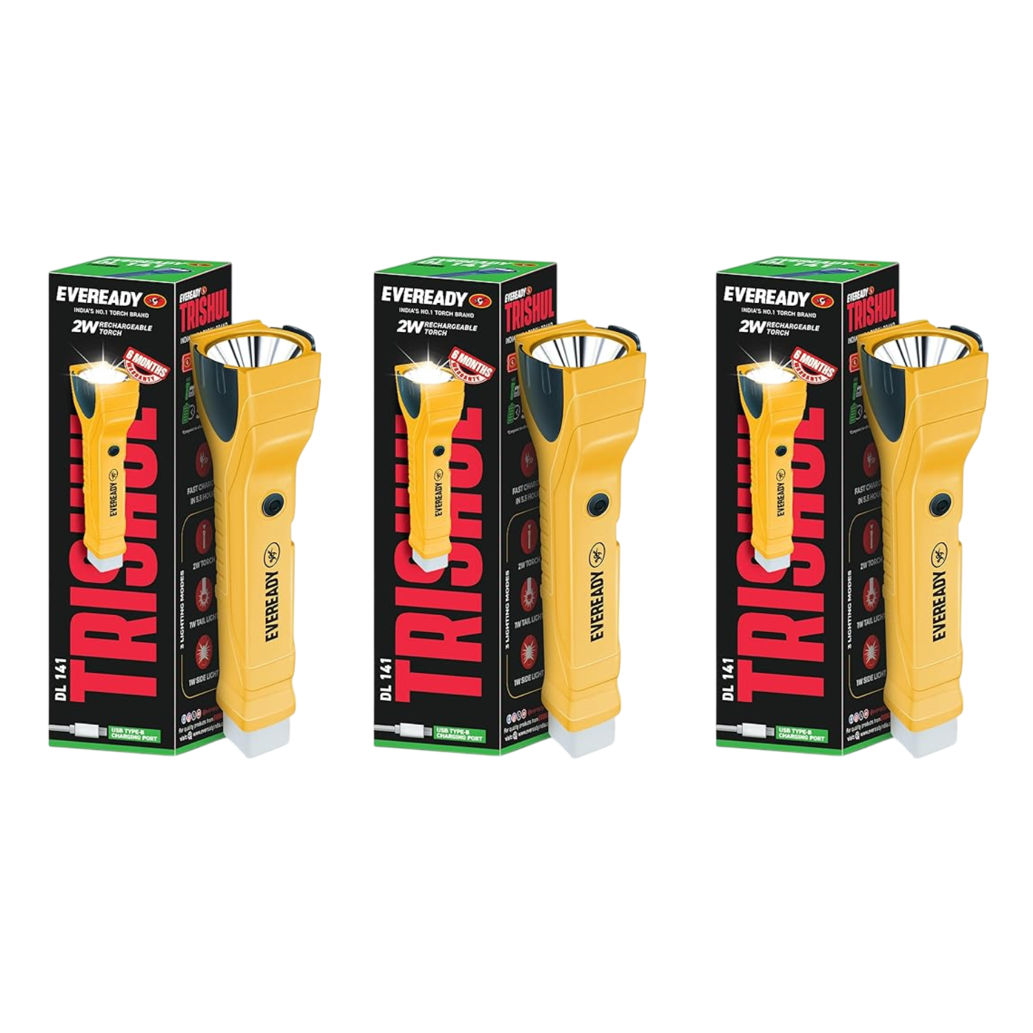 Three boxes of Eveready Trishul flashlights on a white background