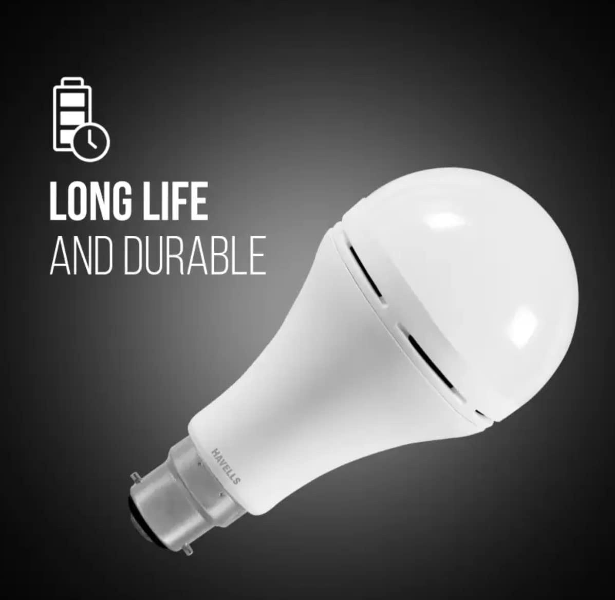 LED light bulb with 'Long Life and Durable' text on a dark background