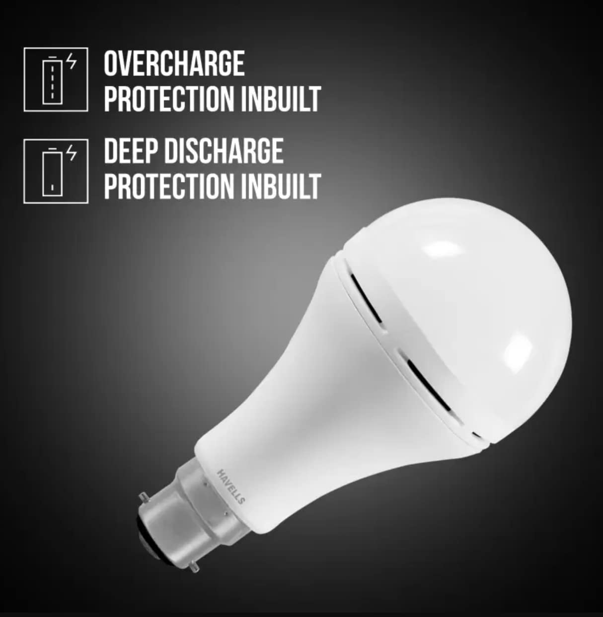 White LED light bulb with text about overcharge and deep discharge protection on a dark background