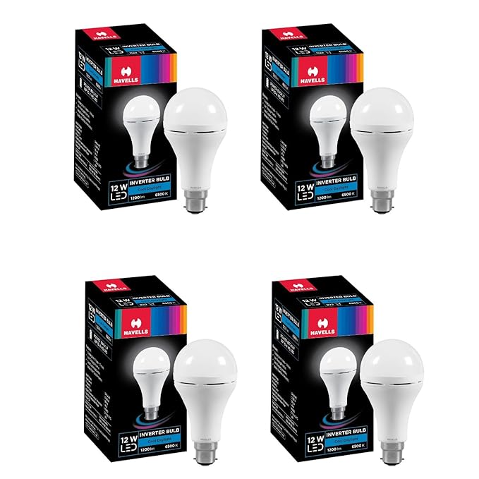 Four boxes of Havells 12W LED Inverter Bulb with B22D Base on a white background