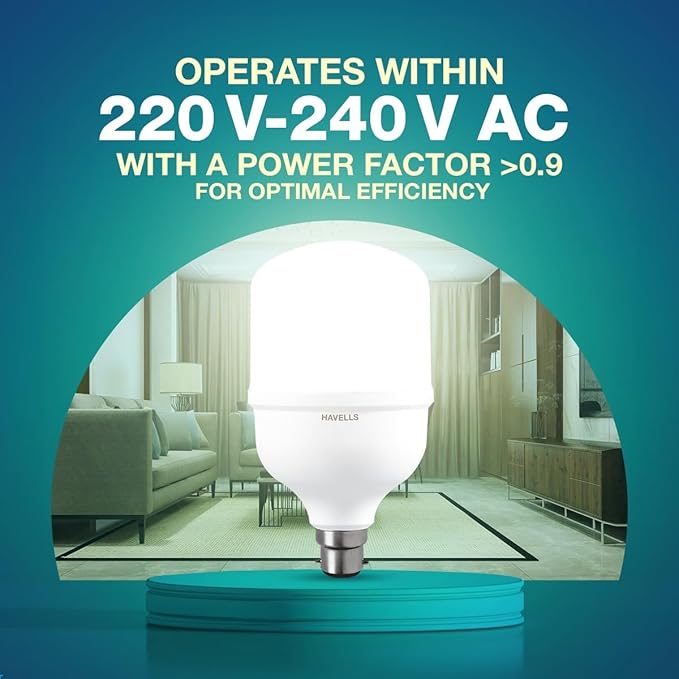 Light bulb with text about voltage and power factor on a blue background