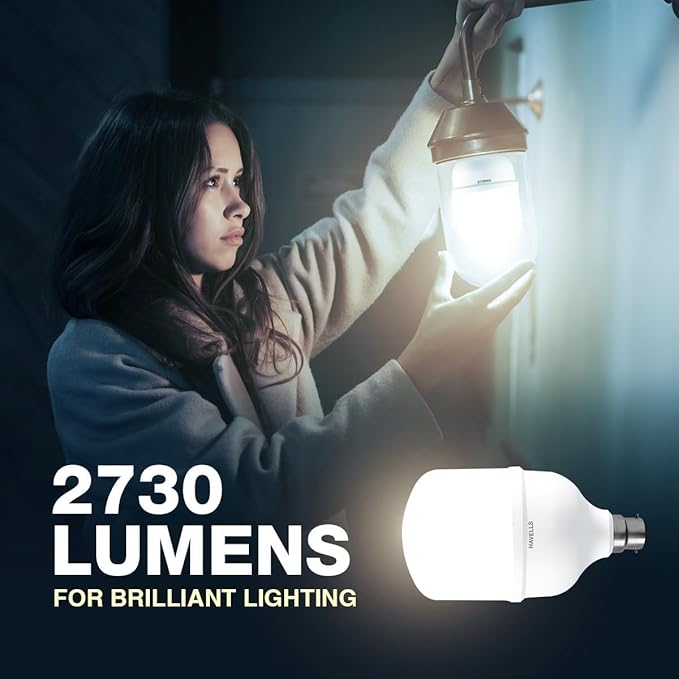 Woman switching on a light bulb with text highlighting 2730 lumens for brilliant lighting.
