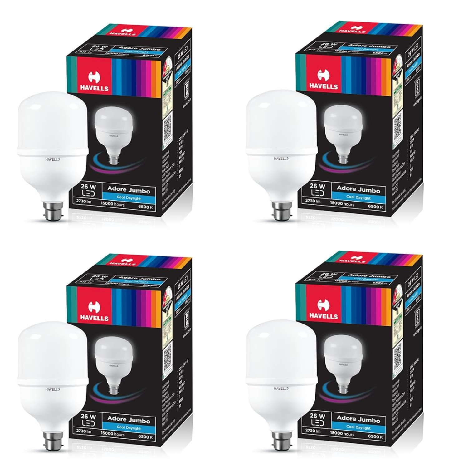 Four boxes of Havells 26W LED Bulb with B22 Base on a white background