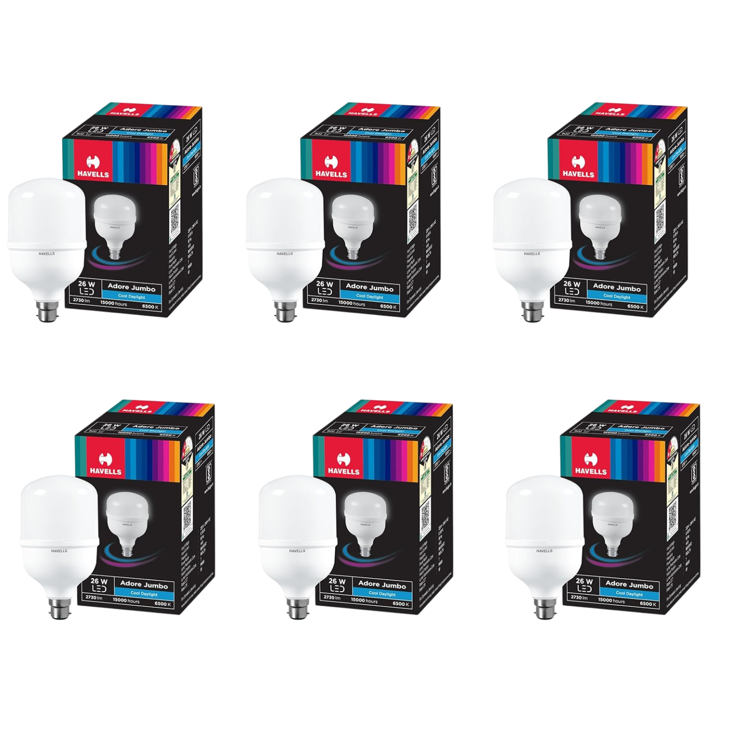 Six boxes of Havells 26W LED Bulb with B22 Base on a white background