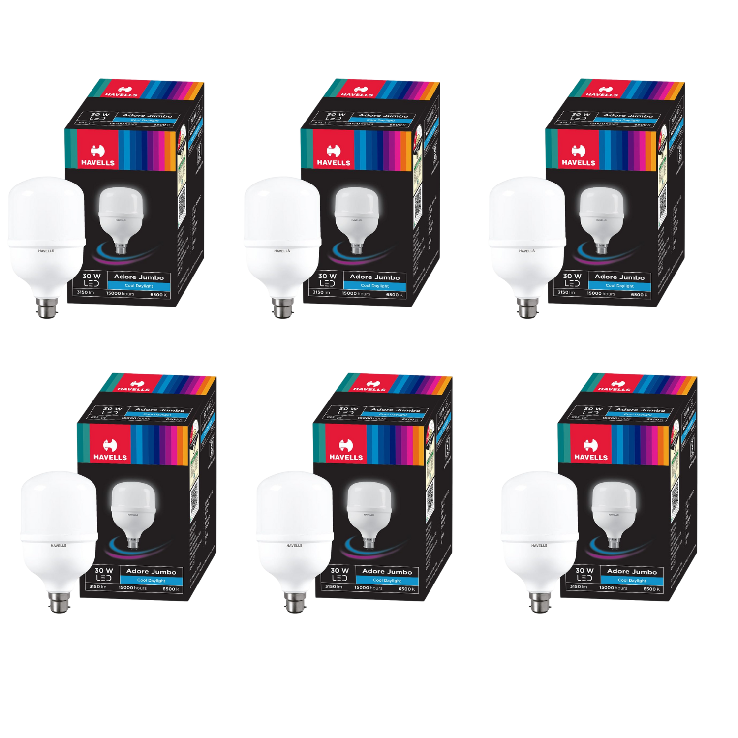 Six boxes of Havells 30W LED Bulb with B22 Baseon a white background