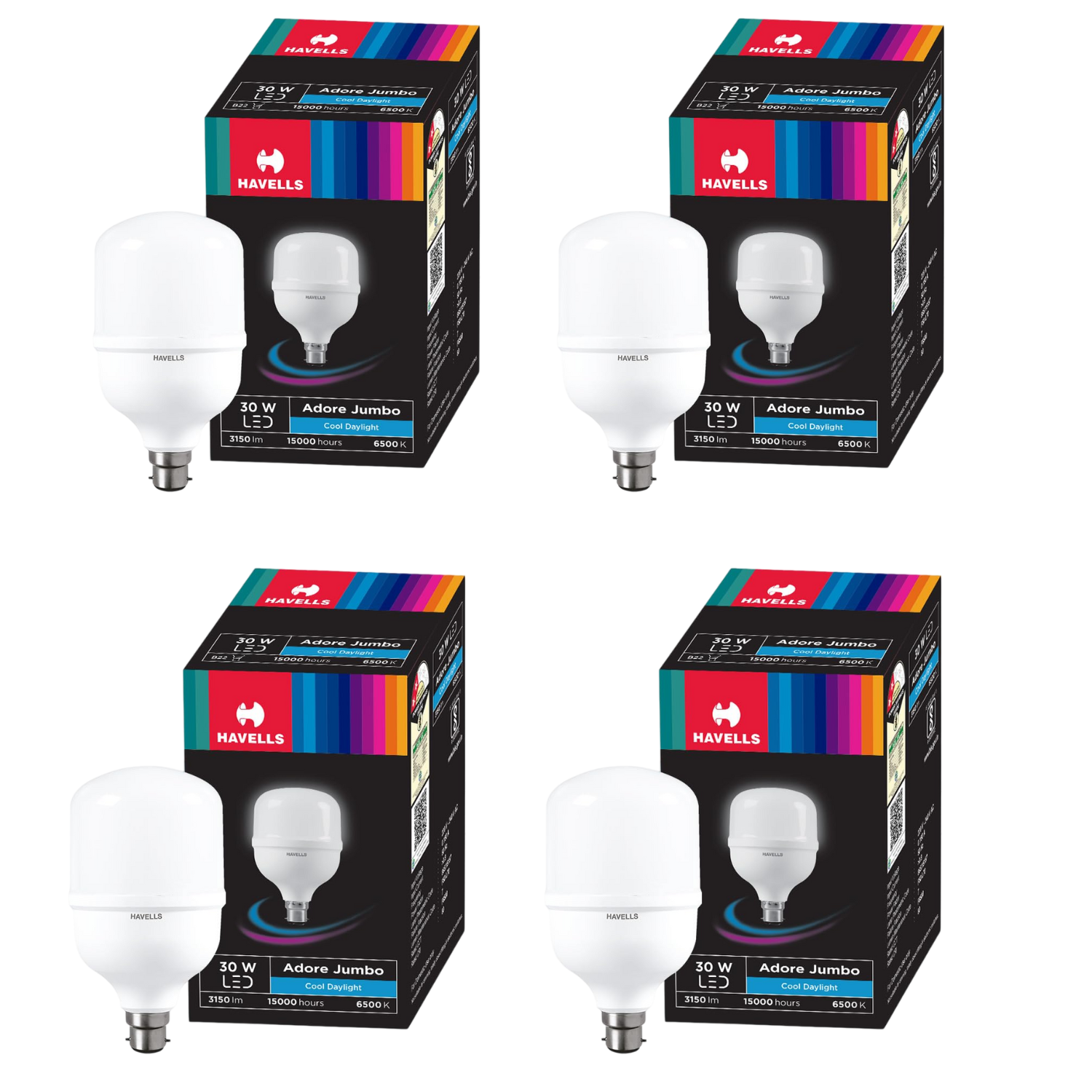 Four boxes of Havells 30W LED Bulb with B22 Base on a white background