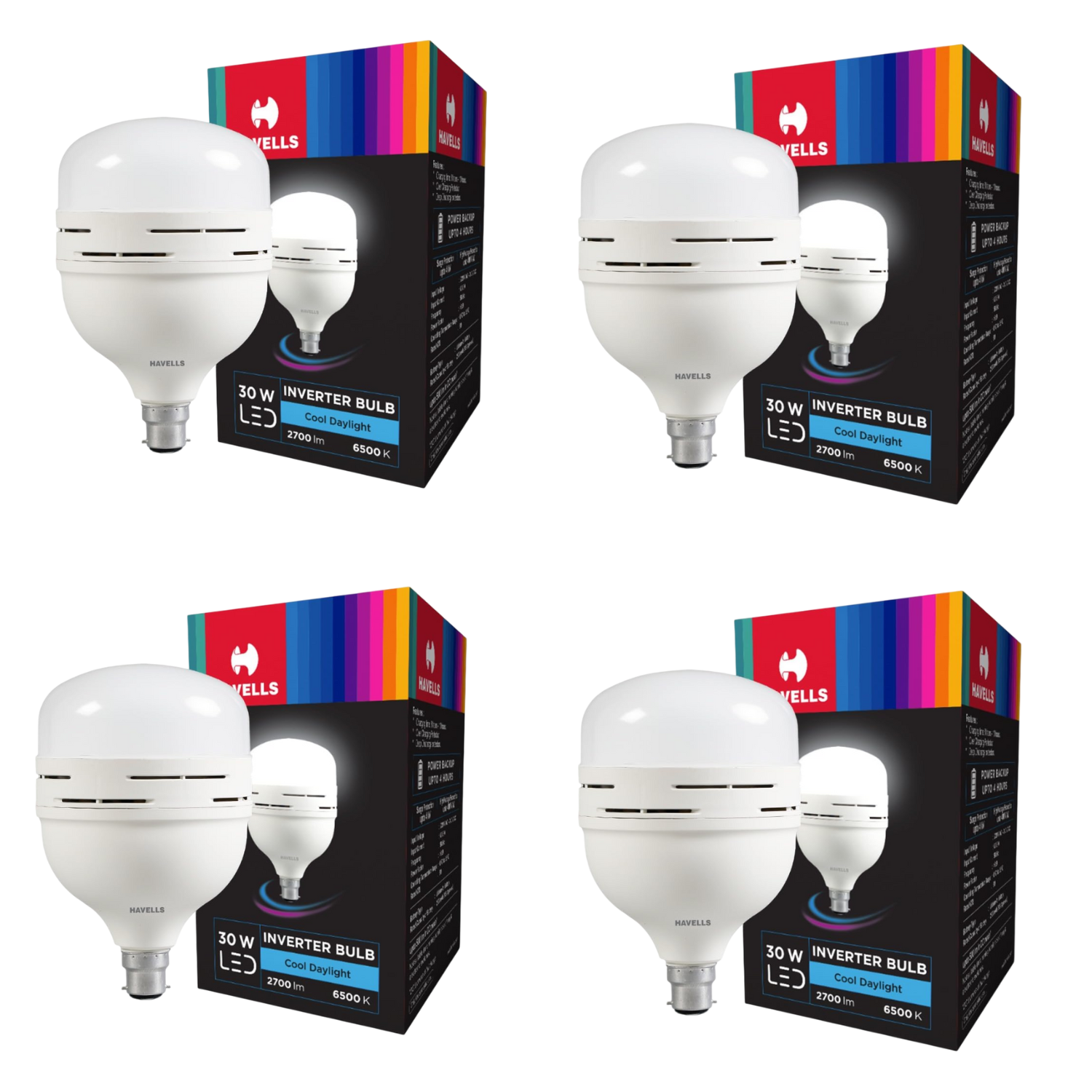 Four Havells 30W LED Inverter Emergency Bulb with packaging on a white background