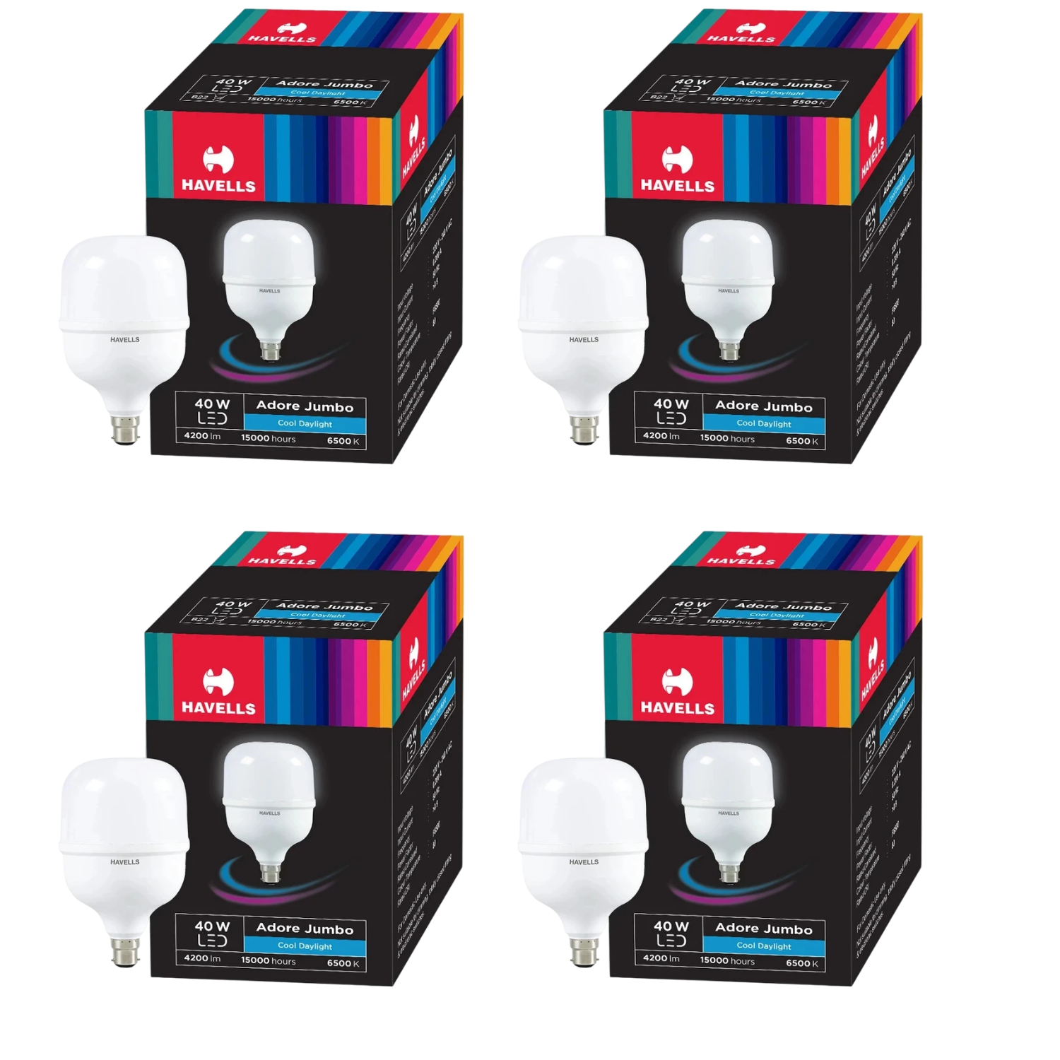 Four boxes of Havells 40W LED bulbs on a white background