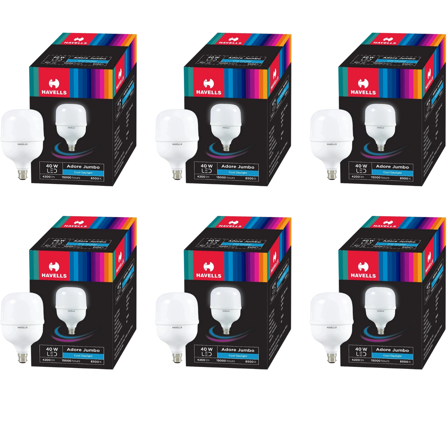Six boxes of Havells 40W LED bulbs on a white background