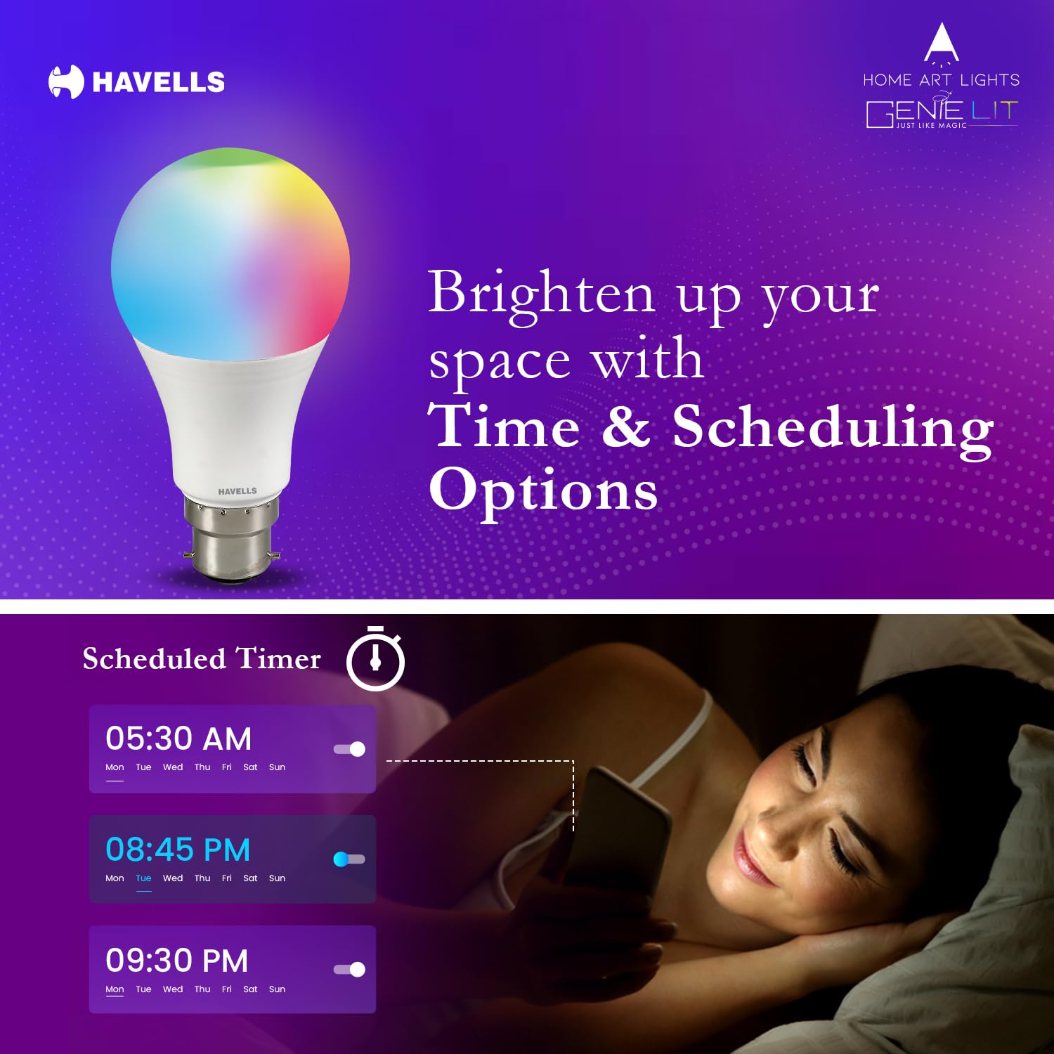 Promotional image of a smart light bulb with scheduling features, featuring the Havells brand.