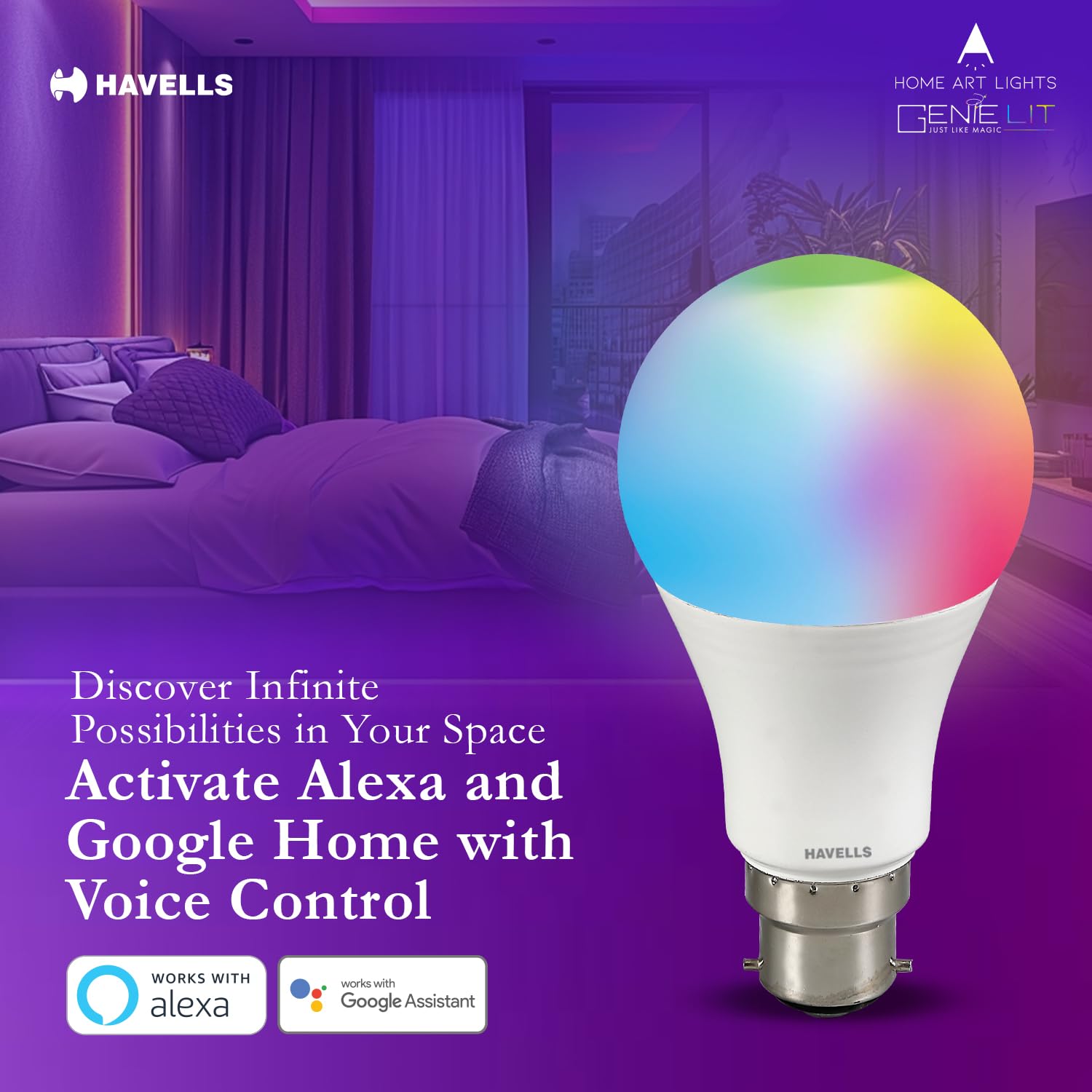 Colorful smart light bulb with text about voice control and Havells branding in a living room setting.