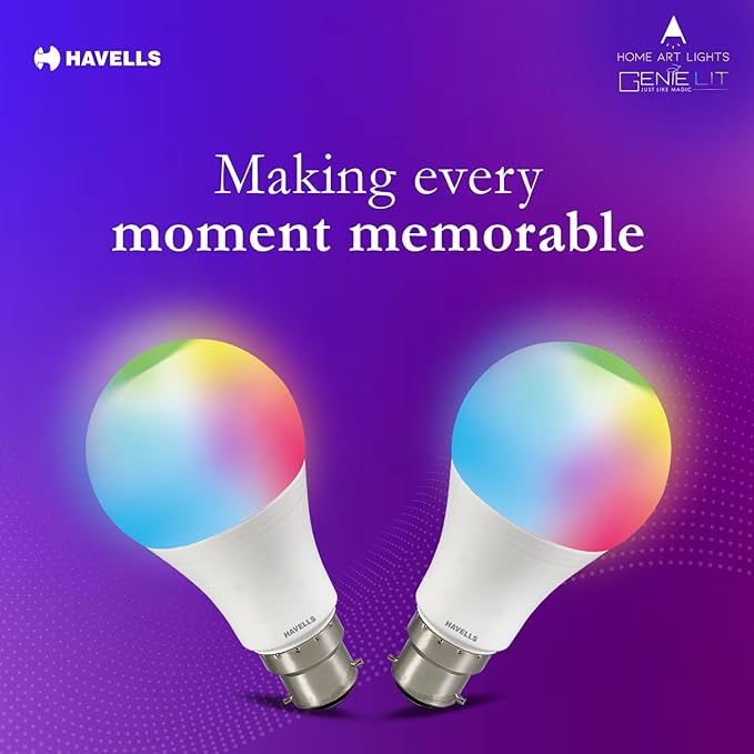 Two colorful LED bulbs with 'Havells' branding on a purple gradient background.