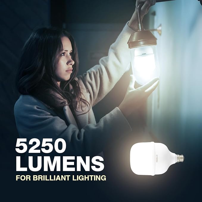 Person holding a lHavells 50W LED Bulb with text about 5250lumens and lighting quality.