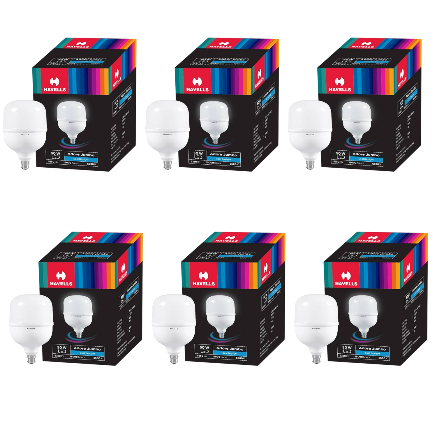 Six boxes of Havells 50W LED Bulbs on a white background