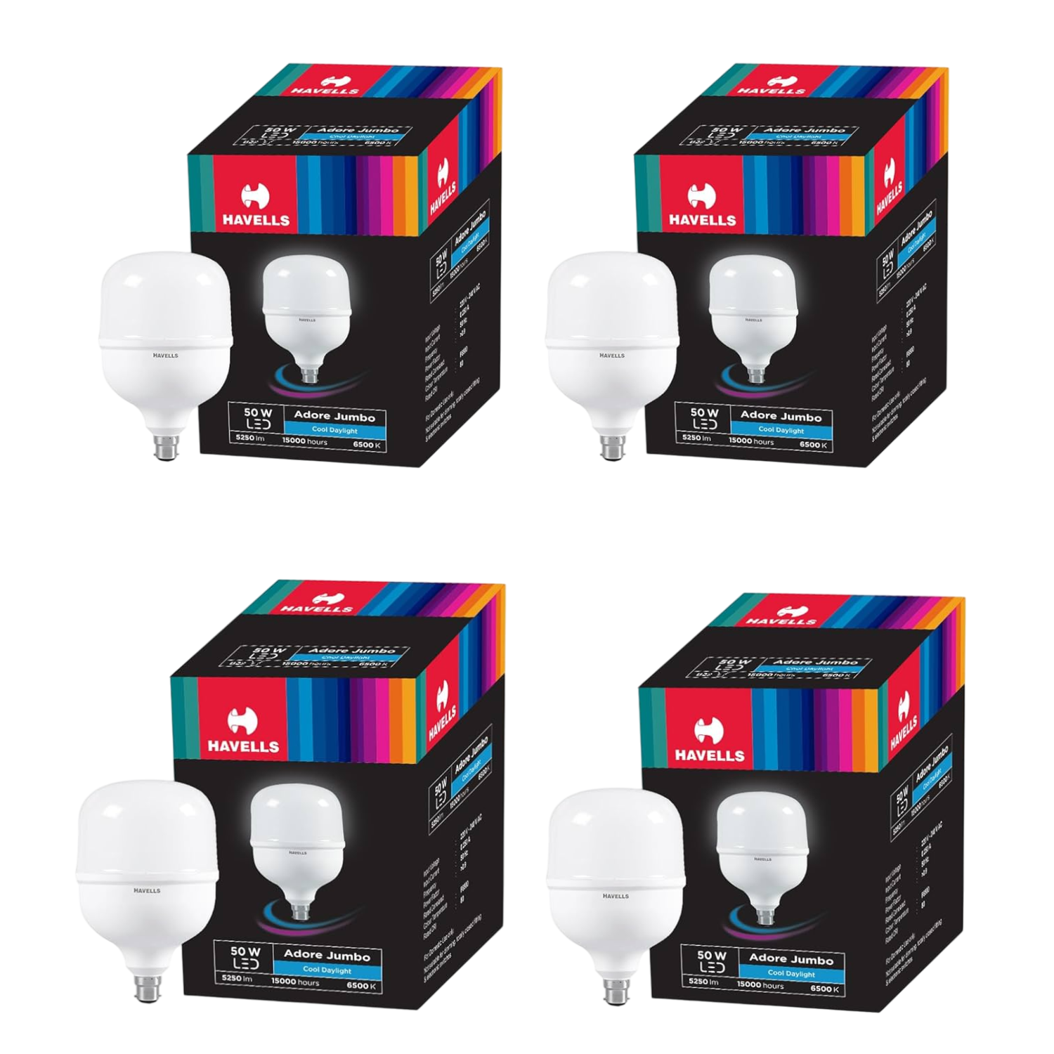 Four boxes of Havells 50W LED Bulbs on a white background