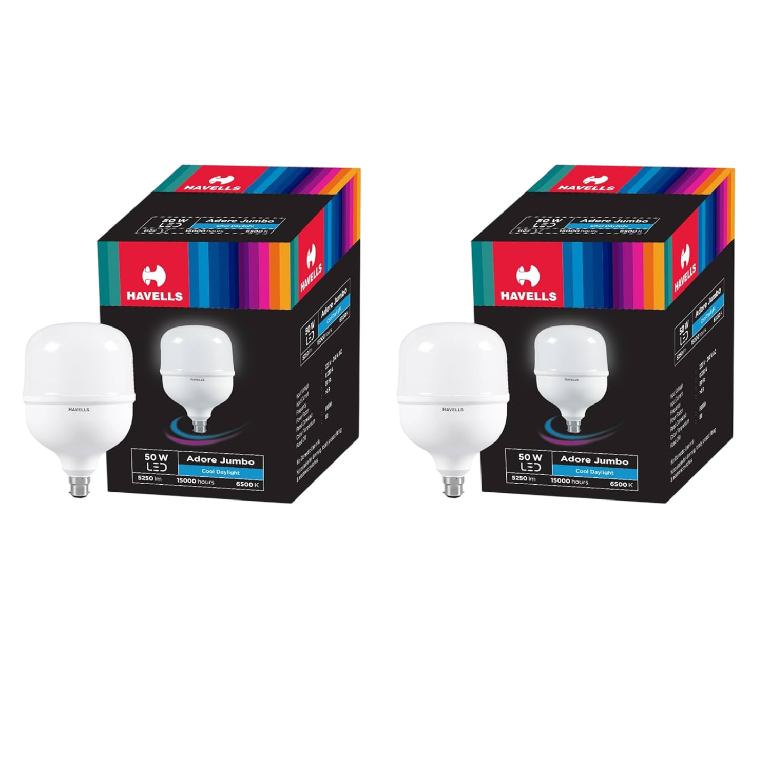 Two boxes of Havells 50W LED Bulbs on a white background