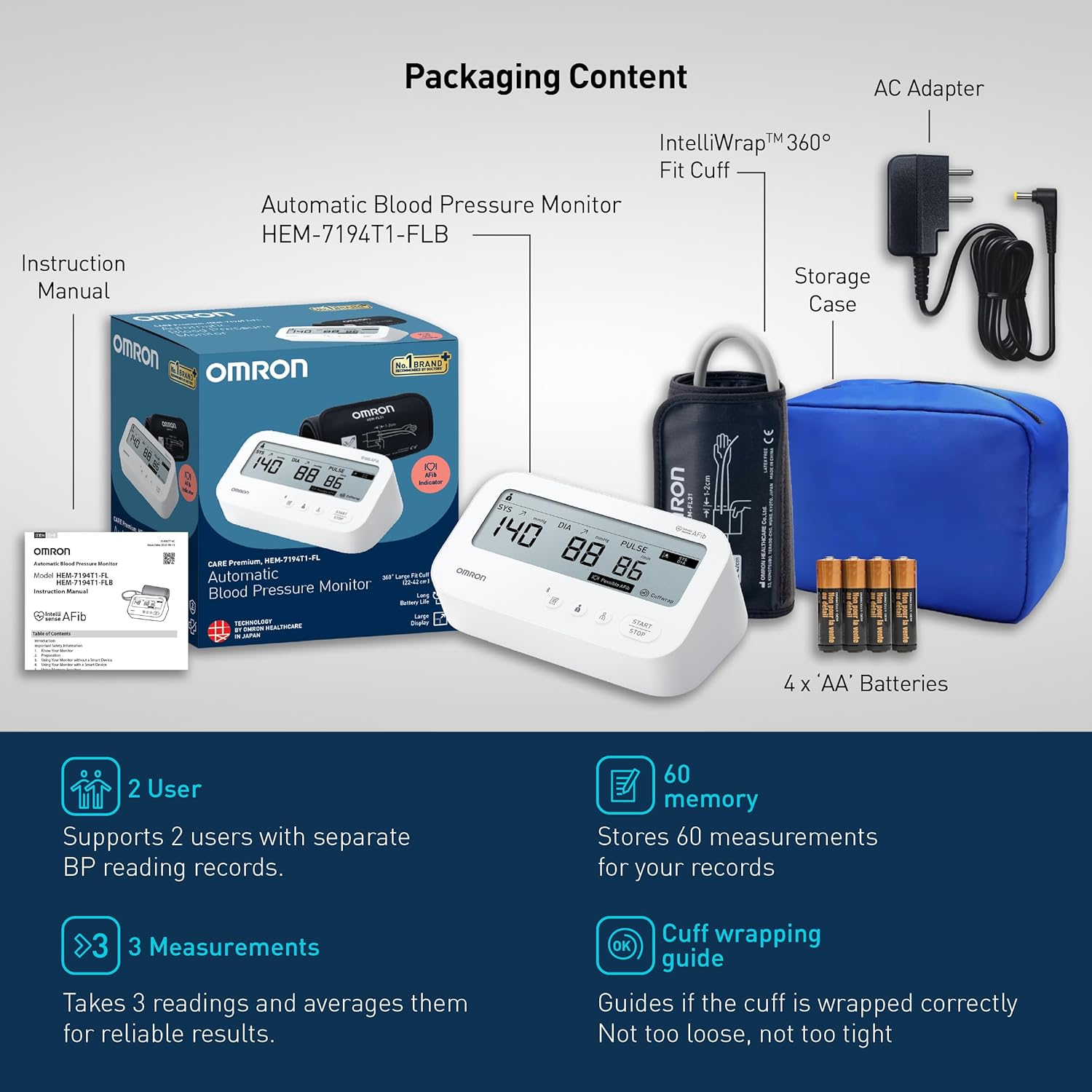 Omron HEM-7194T1-FLBIN Upper Arm Automatic Blood Pressure Monitor with AFib Detection, IntelliWrap 360° Accuracy Cuff, Large Display