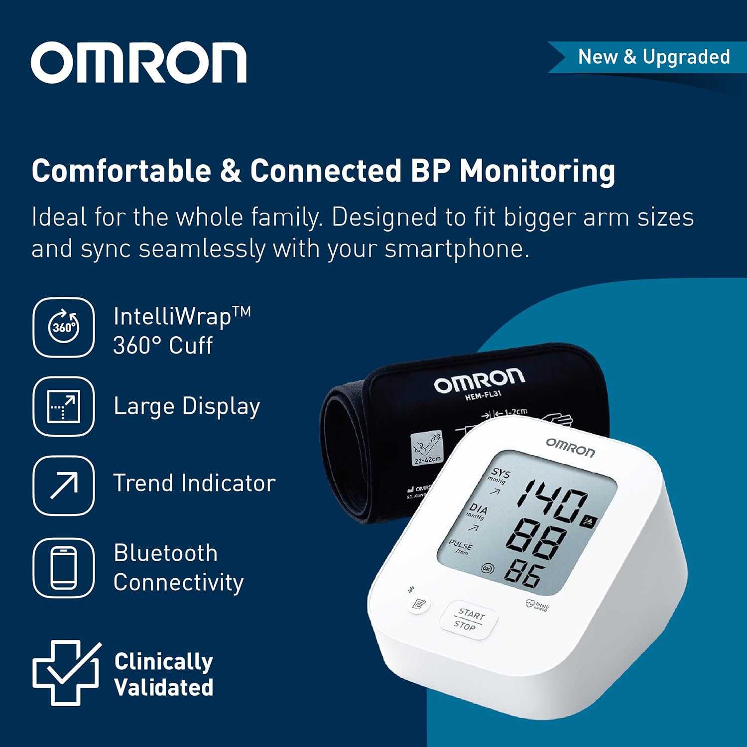 Omron HEM 7183T1 FLIN Upper Arm Automatic Blood Pressure Monitor with Bluetooth, IntelliWrap 360° Accuracy Cuff and Large Display