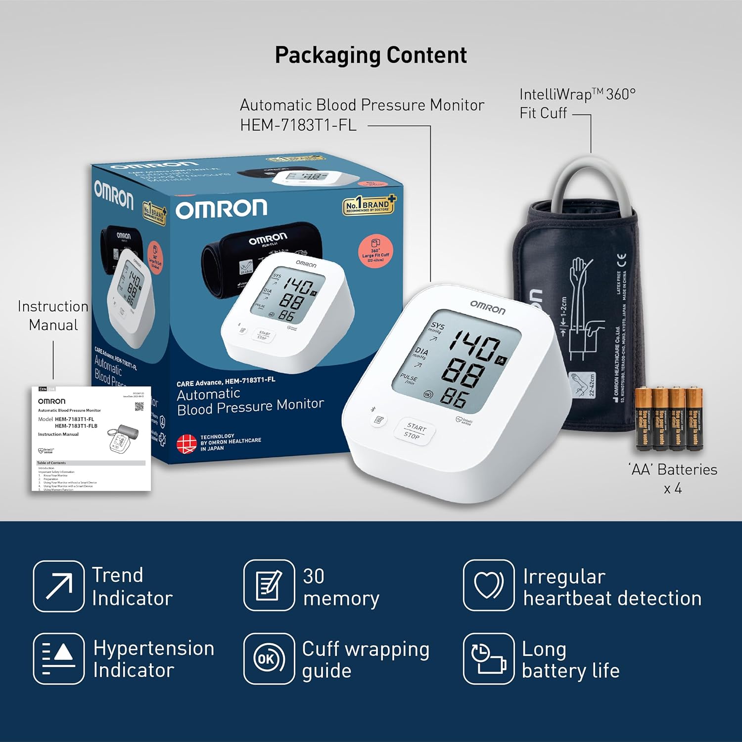 Omron HEM 7183T1 FLIN Upper Arm Automatic Blood Pressure Monitor with Bluetooth, IntelliWrap 360° Accuracy Cuff and Large Display