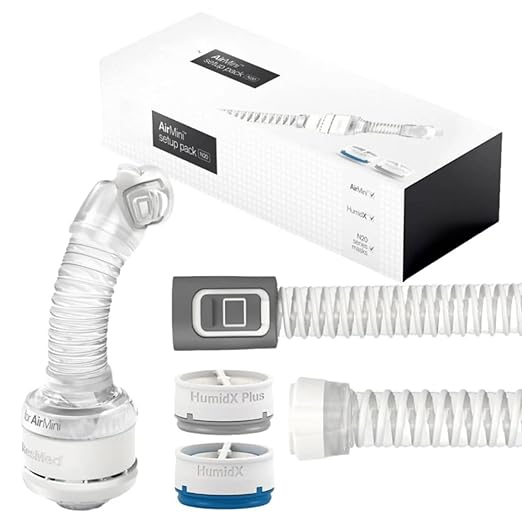 A ResMed Airmini N20 setup pack,  includes a flexible tube, N20 connector, and two waterless humidifiers – HumidX and HumidX Plus.