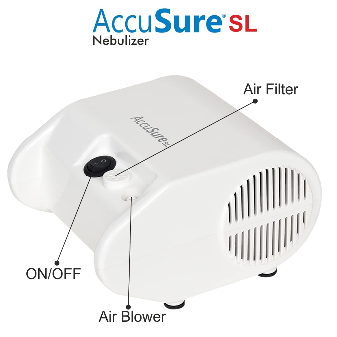 AccuSure SL White Compressor Complete Kit Nebulizer with visible air filter, on/off switch, and air blower.