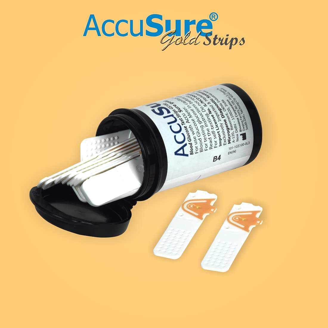 AccuSure Gold Glucometer Test Strips packaging and two test strips outside the packaging, with the brand name visible on the strips.
