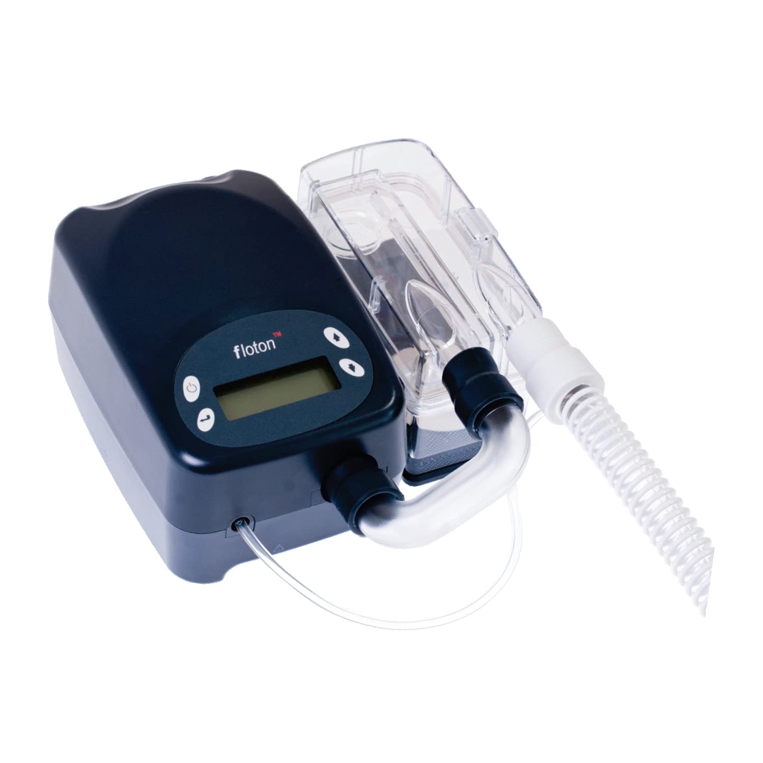 Bi-level ventilation device with attached humidifier and tubing, predominantly dark blue in color with a clear Humidifier chamber.