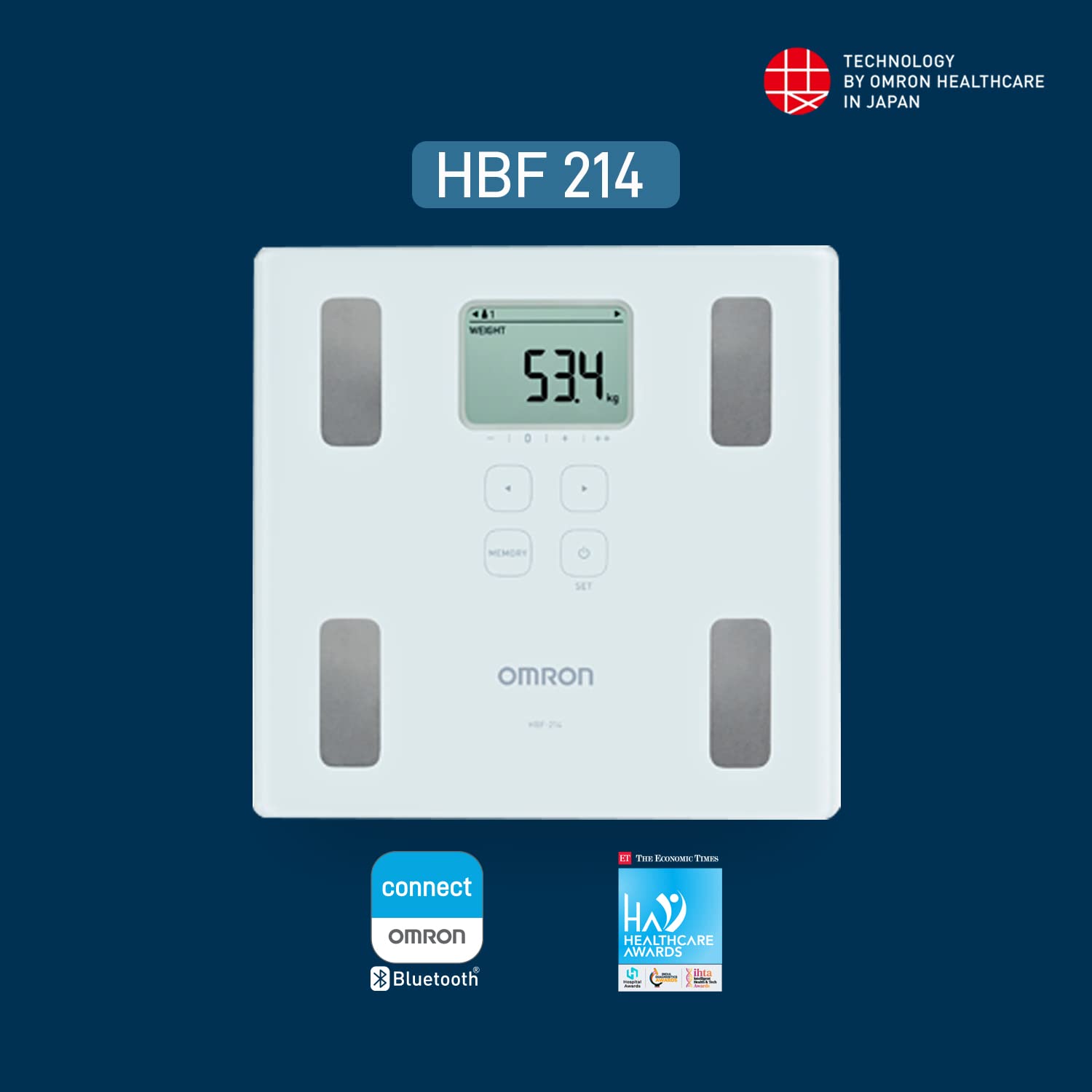 Omron HBF 214 Digital Full Body Composition Monitor with 4 User & Guest Mode Feature to Monitor BMI, Body Age, Vesceral Fat Level, Body Fat & Skeletal Muscle Percentage (White)