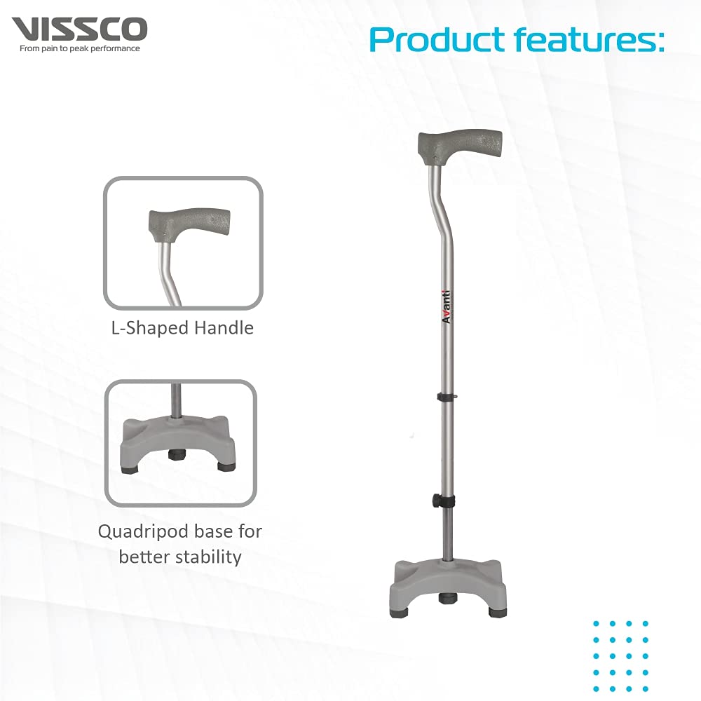 Vissco Avanti L Shape Quadripod Walking Stick | For Elderly & those Physically Challenged |Lightweight | Height Adjustable walking stick with 4 Legss - Universal (Grey)