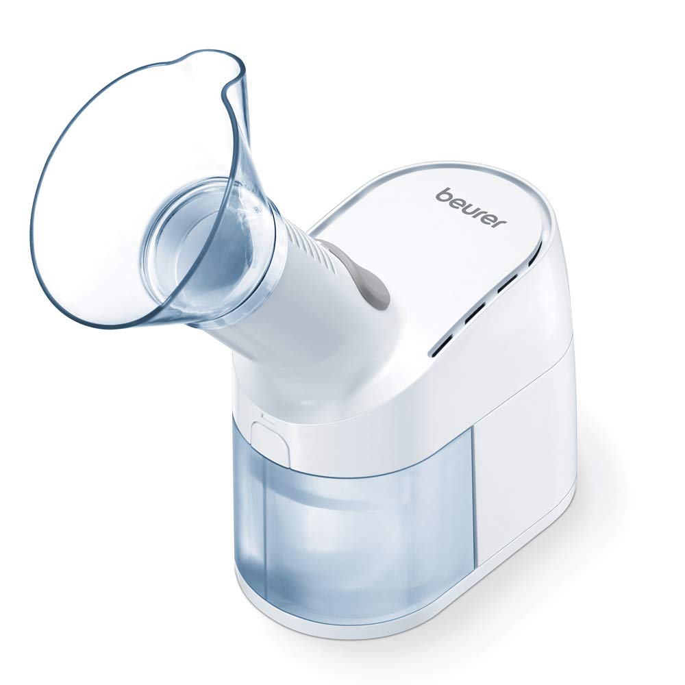 A Beurer brand steam vaporizer with a white and blue color scheme, featuring a flexible facemask for nebulization.