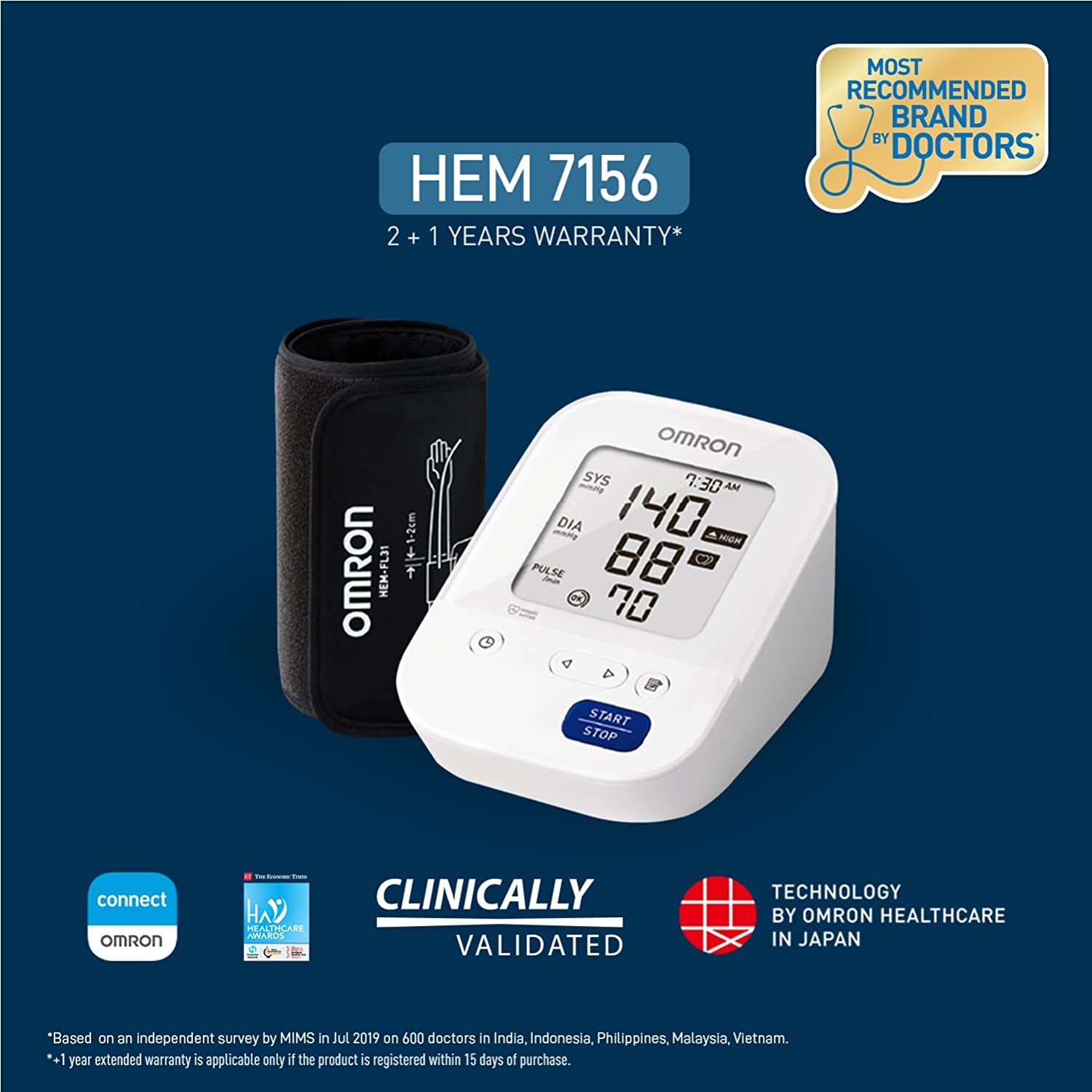 Omron HEM 7156 Most Advance Digital Blood Pressure Monitor with 360° Accuracy Intelli Wrap Cuff for All Arm Sizes, Resulting Accurate Measurements (White)