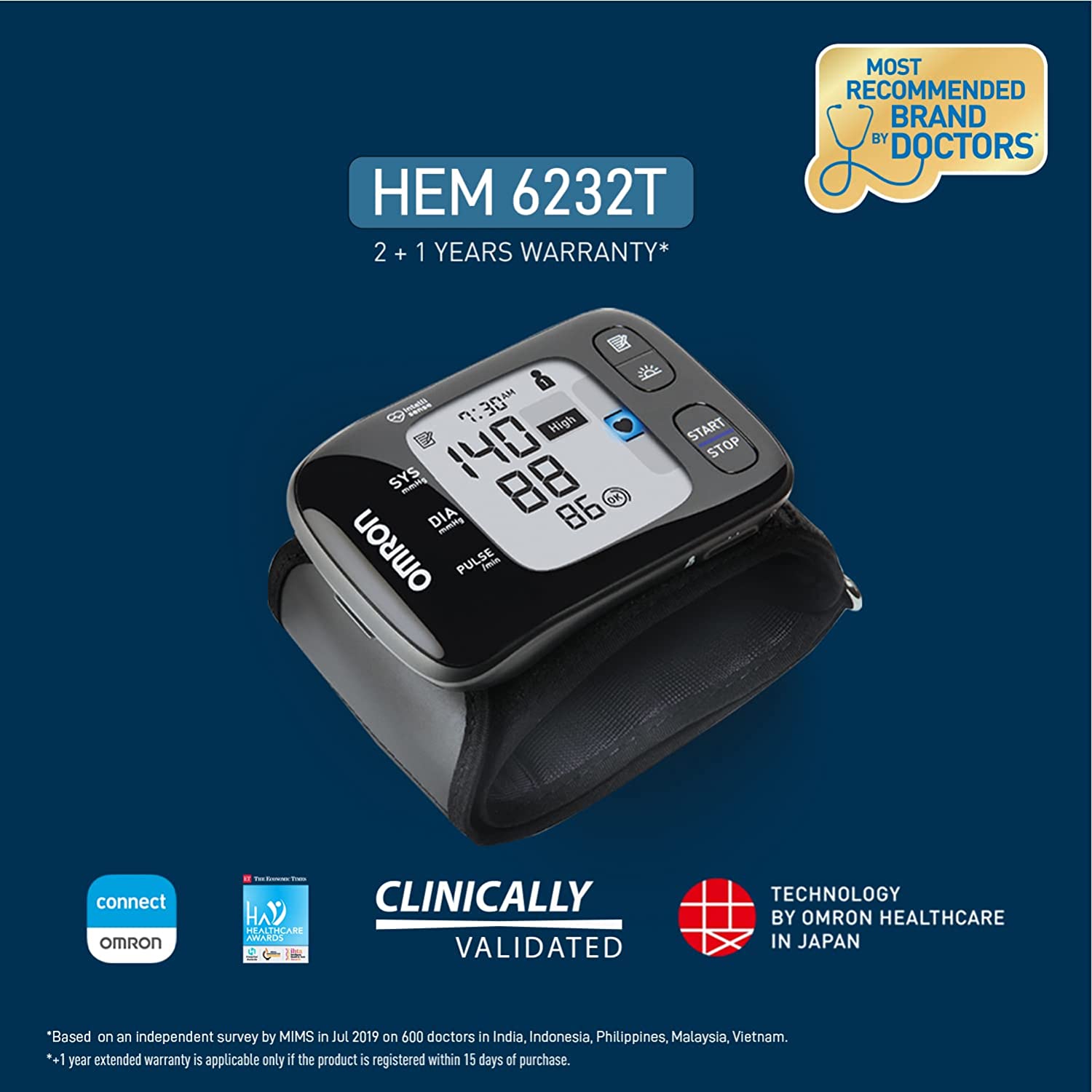 Omron HEM 6232T Wrist Blood Pressure Monitor (Black)