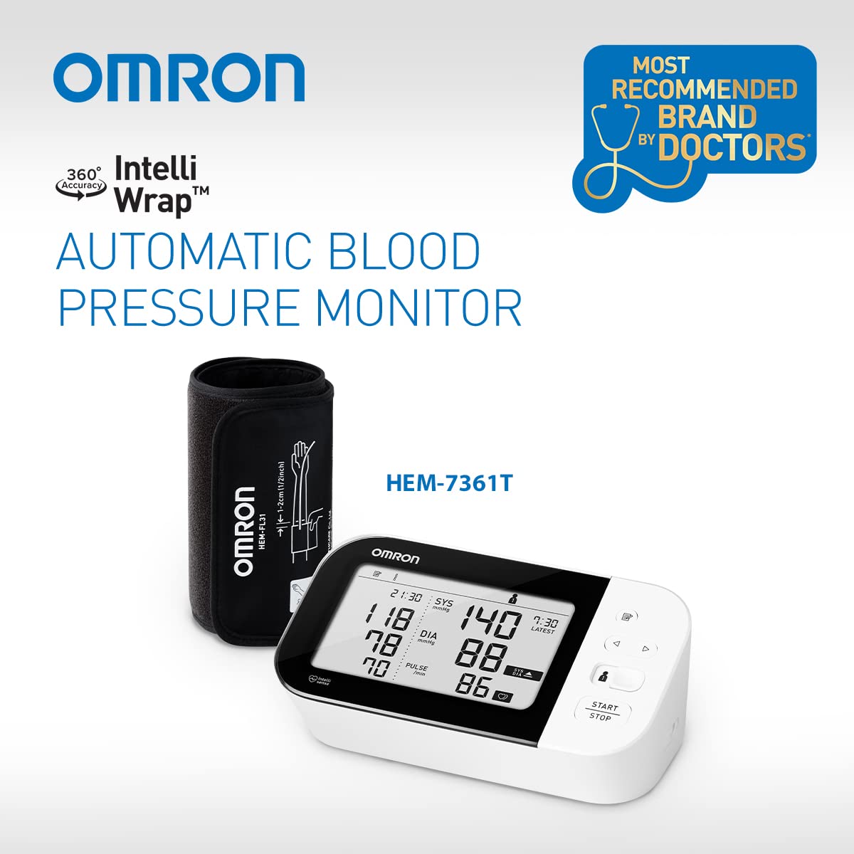 Omron HEM 7361T Bluetooth Digital Blood Pressure Monitor for Clinical & Professional Use with Afib Indicator and 360° Accuracy Intelliwrap Cuff (White)