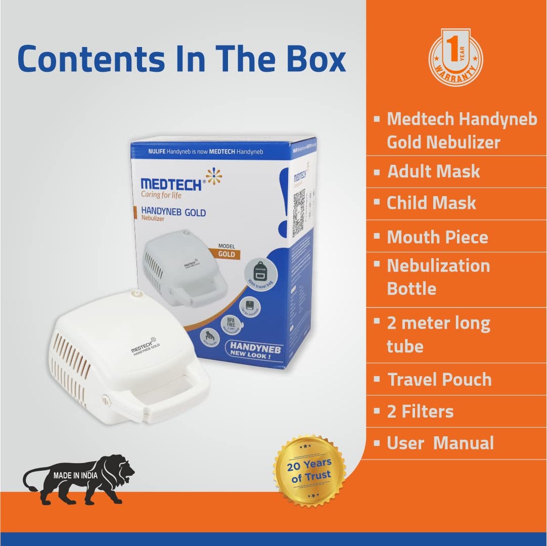 Medtech Handyneb Gold Compressor Nebulizer Machine with Kit for Adult and Kids Nebulizer (White)