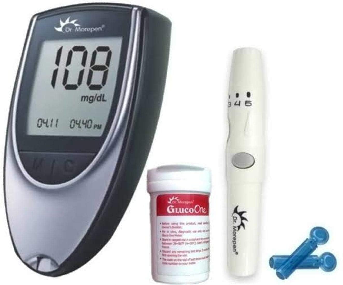 Dr. Morepen BG-03 Gluco One Glucometer Combo - (Glucometer, Lancing Device, 10 Lancet) and strips